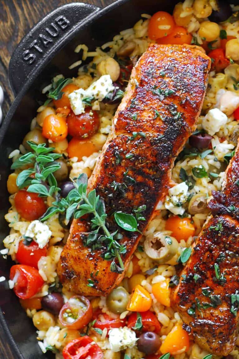 Mediterranean Salmon with Zesty Lemon Rice & Feta
